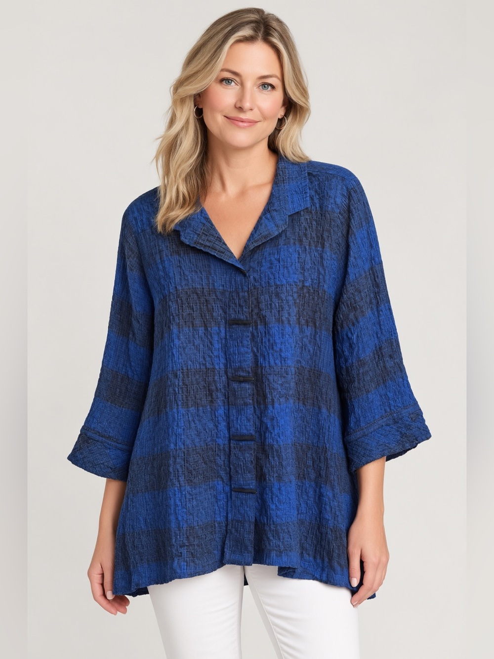 Habitat Blue Textured Buffalo Check Button-Front Women’s Tunic Top large